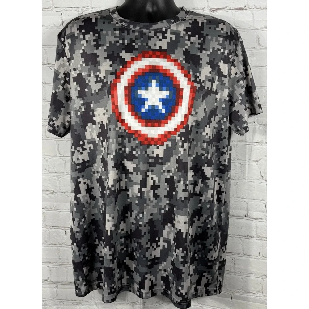 Marvel Captain America‎ Logo T-Shirt Men's 2XL 50/52 Gray Pixelated Digital Camo